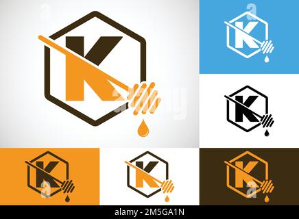 Initial letter K with honeycomb bees logo design vector illustration. Honey logo font emblem Stock Vector