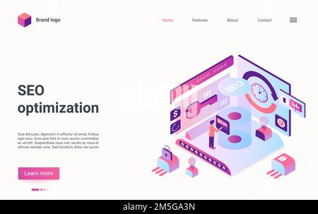 Seo optimization technology isometric vector illustration. Cartoon 3d analyst man character manages data report to optimizate digital finance database Stock Vector