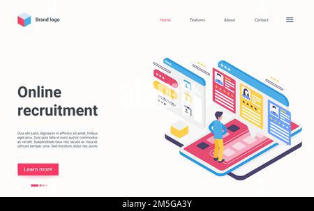 Online recruitment, job hiring via internet isometric vector illustration. Cartoon 3d human resource and recruiting staff process, workforce search an Stock Vector