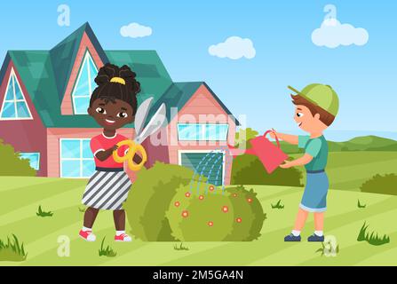 Happy gardener children water plant, cultivate bush in garden landscape vector illustration. Cartoon boy character holding watering can, girl child wi Stock Vector