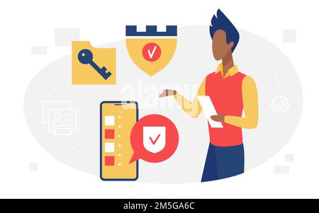 Data protection, safe network concept vector illustration. Cartoon man character holding smartphone and networking, standing with big phone, safety sh Stock Vector