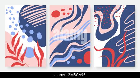 Dots, lines, curves and leaves vector illustration set. Trendy collage for art wall design in blue red white colors, minimalist hand drawing nature sh Stock Vector