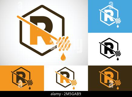 Initial letter R with honeycomb bees logo design vector illustration. Honey logo font emblem Stock Vector