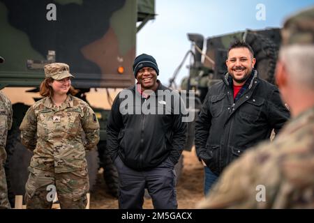 Maj. Gen. Greg Brady, commanding general of the 10th Army Air and Missile Defense Command, speaks with Soldiers and civilian contractors of the 5th Battalion, 7th Air Defense Artillery Regiment about the importance of their mission at a forward-deployed Patriot Missile site in southeastern Poland on March 16, 2022. The 10th AAMDC, by order of the EUCOM Commander, has repositioned two Patriot batteries to Poland as a prudent defensive measure to counter any potential threat to U.S. and Allied forces and NATO territory. Stock Photo