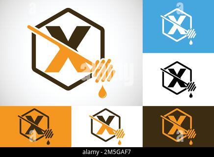 Initial letter X with honeycomb bees logo design vector illustration. Honey logo font emblem Stock Vector