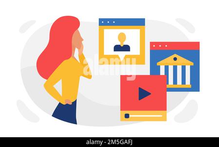Education courses online vector illustration. Cartoon woman student character with webinar chat window, video player and educational tutorial for stud Stock Vector