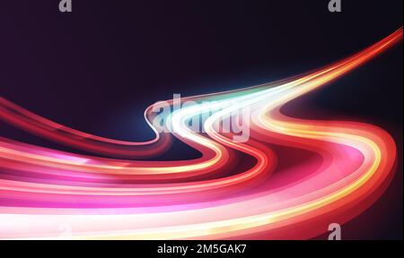 Waves curves of light trail, long exposure effect vector illustration. City transport cars drive and move on abstract highway with glowing shiny light Stock Vector