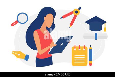 Education and graduation concept vector illustration. Cartoon woman student character using mobile phone or tablet to study and academic graduate hat, Stock Vector