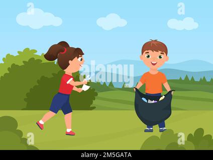 Happy children collect garbage trash in green nature summer landscape vector illustration. Cartoon boy child volunteer holding bag, girl cleaning, col Stock Vector