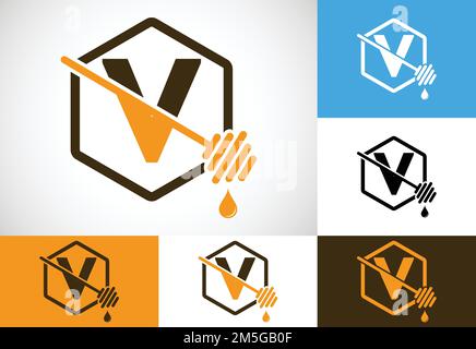 Initial letter V with honeycomb bees logo design vector illustration. Honey logo font emblem Stock Vector