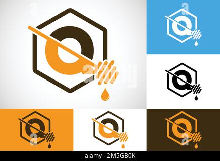 Initial letter Q with honeycomb bees logo design vector illustration. Honey logo font emblem Stock Vector