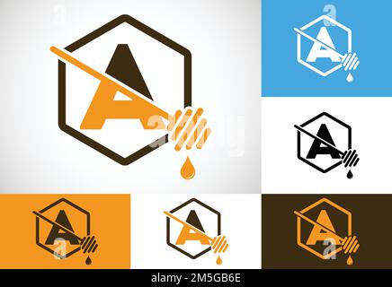 Initial letter A with honeycomb bees logo design vector illustration. Honey logo font emblem Stock Vector