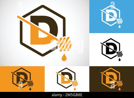 Initial letter D with honeycomb bees logo design vector illustration. Honey logo font emblem Stock Vector