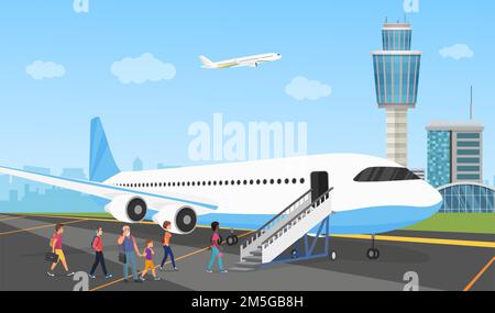 People in airport, queue of travelers and aircraft vector illustration. Cartoon passengers with bags standing in line, climb ladder to board aircraft Stock Vector