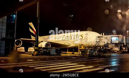 Airbus a380 Emirates in Shanghai Pudong Airport, China Stock Photo