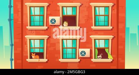 Building facade with brick wall and windows in wooden frames. Vector cartoon illustration of house front with downpipe, closed and open glass windows with cat, plant and coffee on sills Stock Vector