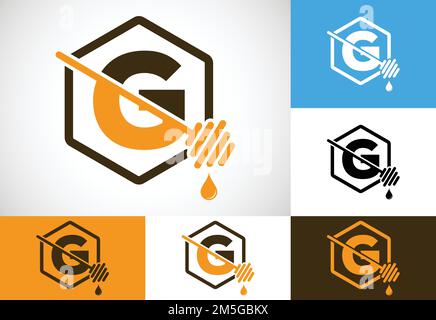 Initial letter G with honeycomb bees logo design vector illustration. Honey logo font emblem Stock Vector