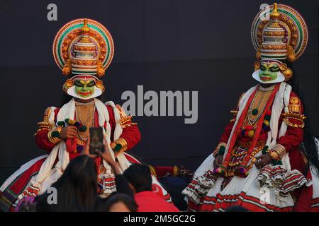 New Delhi, India. 28th Dec, 2022. People taking pictures of Kathakali Folk Dance artist at Delhi International Arts Festival at India Gate lawns in New Delhi, India, December 28, 2022. (Photo by Arrush Chopra/NurPhoto) Credit: NurPhoto SRL/Alamy Live News Stock Photo