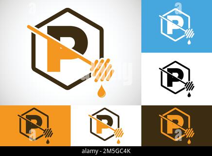 Initial letter P with honeycomb bees logo design vector illustration. Honey logo font emblem Stock Vector