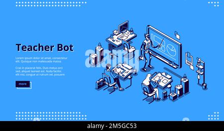 Teacher bot isometric landing page. Robot conduct lesson in class with students sitting at desks. Artificial intelligence in education, lesson in school with tutor cyborg 3d vector line art web banner Stock Vector