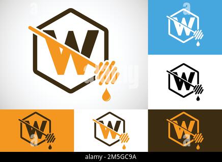 Initial letter W with honeycomb bees logo design vector illustration. Honey logo font emblem Stock Vector
