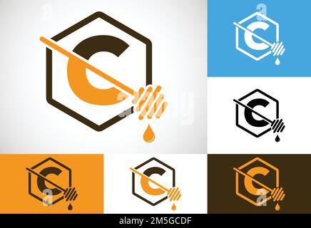 Initial letter C with honeycomb bees logo design vector illustration. Honey logo font emblem Stock Vector