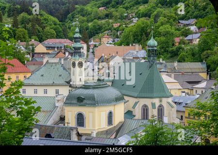 View of the old town with town hall and church, Banska Stiavnica, Banskobystricky kraj, Slovakia