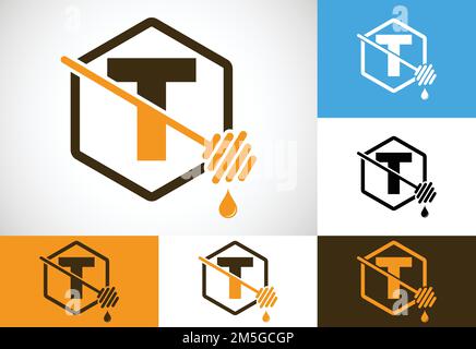 Initial letter T with honeycomb bees logo design vector illustration. Honey logo font emblem Stock Vector