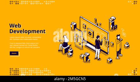 Web development isometric landing page. Programmers coding website cross platform, adaptive layout, internet page interface on computer and mobile phone screen, site creation 3d vector line art banner Stock Vector