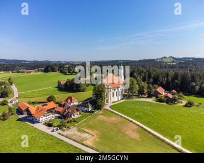 Aerial view of the pilgrimage church, Wieskirche, Steingaden, Romantic Road, Pfaffenwinkel, Upper Bavaria, Bavaria, Germany Stock Photo