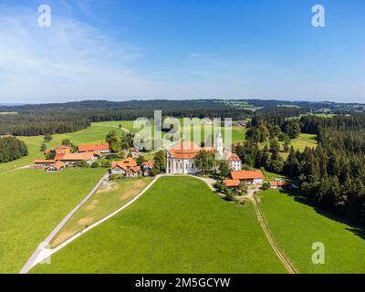 Aerial view of the pilgrimage church, Wieskirche, Steingaden, Romantic Road, Pfaffenwinkel, Upper Bavaria, Bavaria, Germany Stock Photo