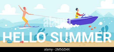 Hello summer lettering vector illustration. Cartoon people water skiing in blue waves of tropical sea, riding waterski in motion, extreme water sport Stock Vector