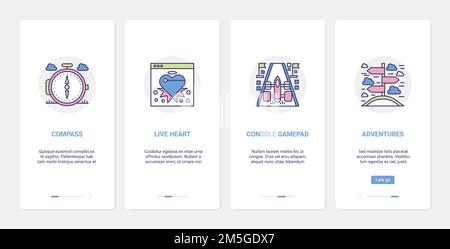 Video adventure digital game object vector illustration. UI, UX onboarding mobile app page screen set with line gamer console gamepad, compass for tra Stock Vector