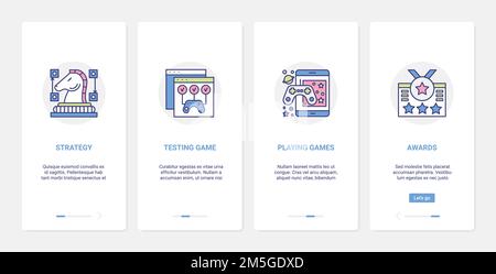 Video games entertainment technology vector illustration. UI, UX onboarding mobile app page screen set with line award medal for gamer player winner, Stock Vector