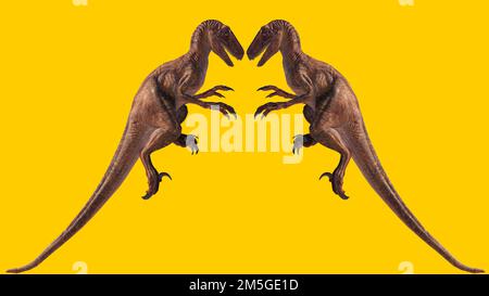 A 3D rendering of two Velociraptor dinosaurs isolated on a yellow background Stock Photo