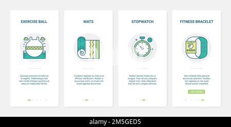 Sport equipment vector illustration. UX, UI onboarding mobile app page screen set with line yoga mat in gym, fitness sports exercise ball, fitness bra Stock Vector