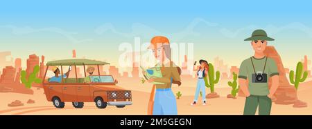 Tourist people travel in Arizona wild west desert landscape vector illustration. Cartoon man woman traveler characters make travel photo of western wi Stock Vector