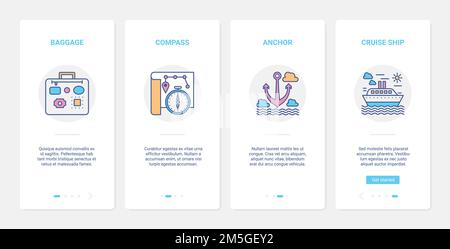 Summer travel objects for traveler vector illustration. UI, UX onboarding mobile app page screen set with line luggage suitcase, compass ship anchor i Stock Vector