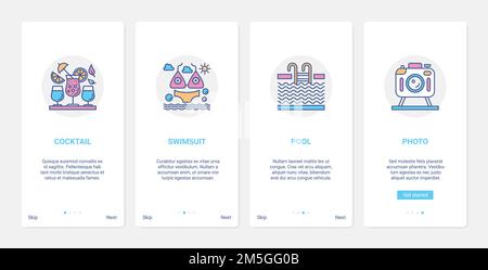 Summer time beach vacation activity vector illustration. UI, UX onboarding mobile app page screen set with line bikini swimsuit to swim in pool, cockt Stock Vector