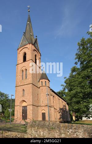 Neo-Gothic Protestant Church in Hirschhorn, Neckar, Neckar Valley, Odenwald, Hesse, Germany Stock Photo