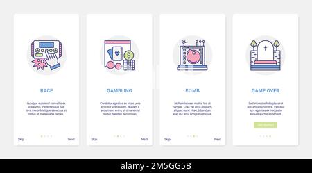 Video games entertainment vector illustration. UI, UX onboarding mobile app page screen set with line console controller for car race gaming, digital Stock Vector