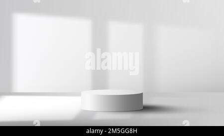 3D realistic empty studio room white cylinder podium stand with window lighting shadow on clean scene background minimal style. Product display for co Stock Vector