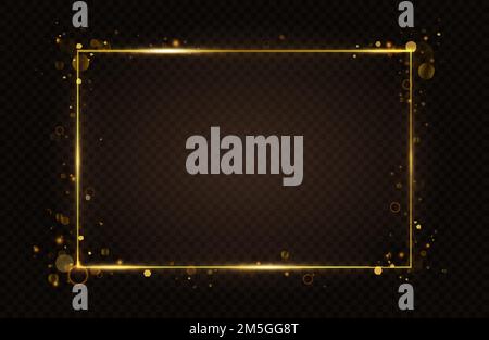 Gold glowing rectangular frame, light effect vector illustration. Luxury luminous golden neon frame lines with flying abstract sparkling flash, glares Stock Vector