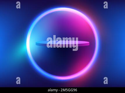 3D realistic empty podium floating in the air with circles blue and pink glowing neon light backdrop on blue background technology style. Product disp Stock Vector