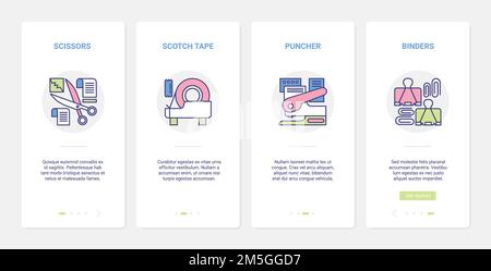 Business office supply for worker vector illustration. UI, UX onboarding mobile app page screen set with line stationery objects with scissors, scotch Stock Vector