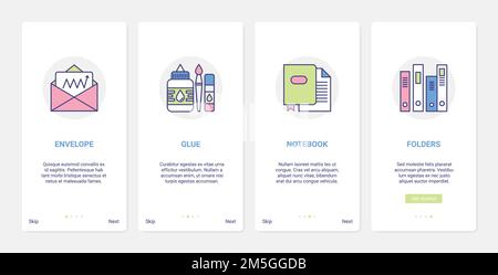 Stationery for office work, paper document management vector illustration. UI, UX onboarding mobile app page screen set with line letter paper envelop Stock Vector