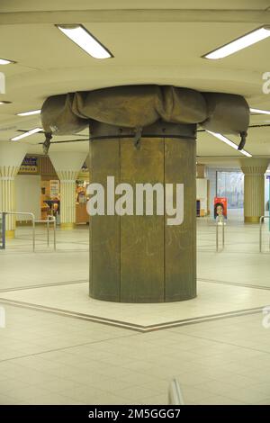 Sculpture Cushion by Richard Hess 1985 in the underground station, station, passage, support, pillar, Bockenheimer Warte, Bockenheim, Main Stock Photo