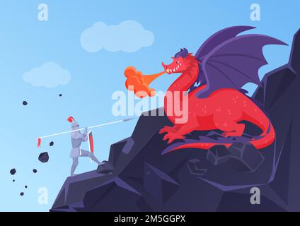Fantasy battle fight of hero knight and dragon vector illustration. Cartoon heroic knight warrior character in armor fighting with spear fire breathin Stock Vector