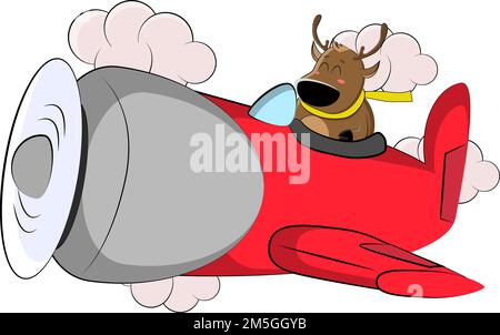 Cute deer flies on a red plane t looks at the clouds Stock Vector