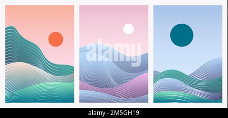 Abstract trendy minimal gradient nature landscape vector illustration set. Minimalist wavy desert sand dunes, hills, sea waves with hand drawning line Stock Vector